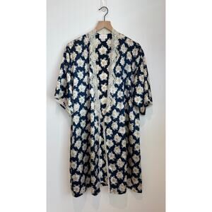 Vintage Barbizon Floral Kimono Style Robe Navy Cream Lace Trim 70s 80s M/L